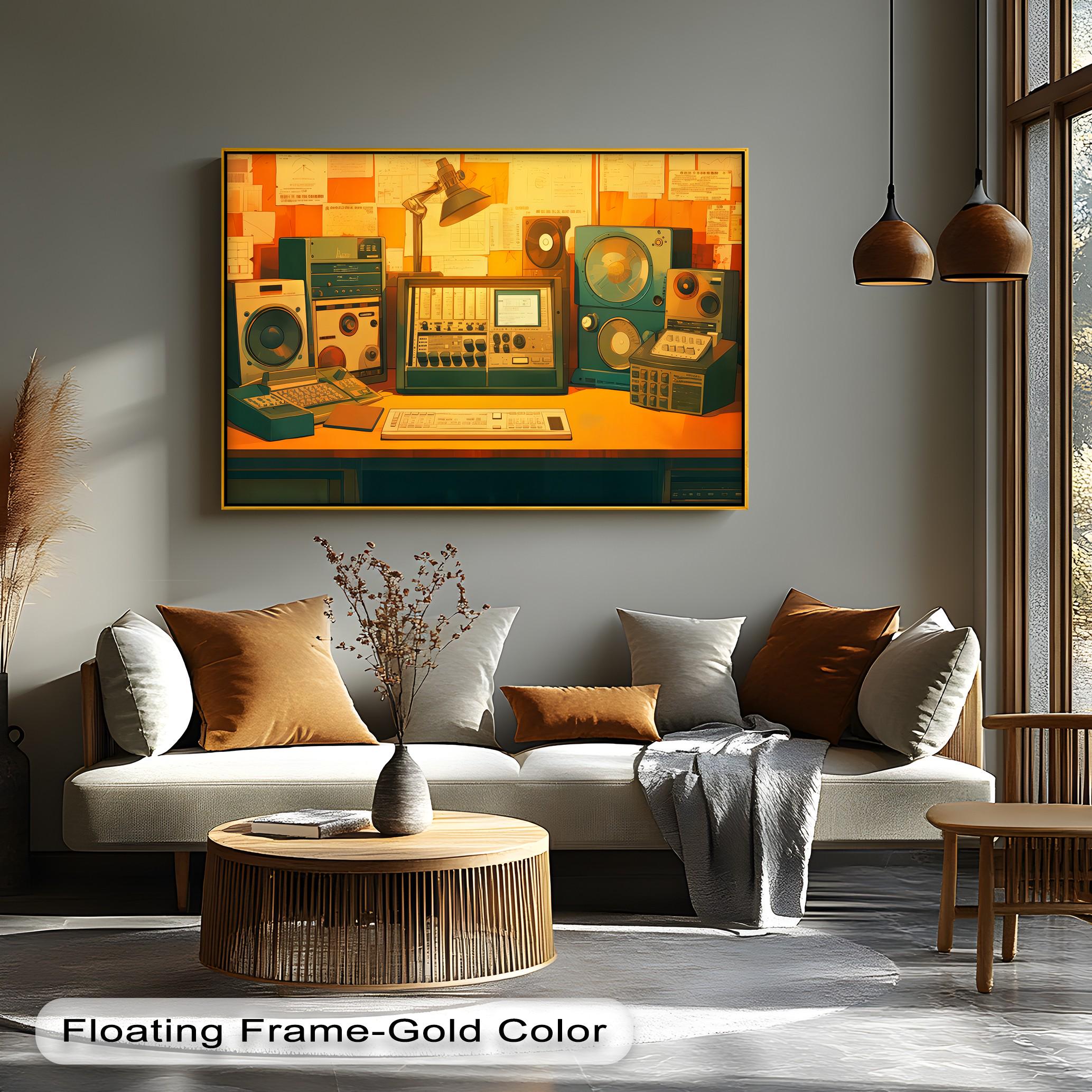 Retro Audio Equipment Canvas Art: Gold Frame, Vintage Music Studio
