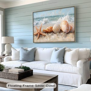 Seashell Beach Canvas Wall Art, Coastal Ocean Wave Poster, Canvas & Framed Decor for Living Room