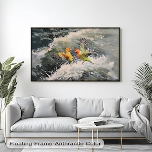 Arte de pared de loros coloridos, impresión en lienzo de aves tropicales sobre olas del océano, decoración natural vibrante para sala de estar o casa de playa, arte de pared en lienzo