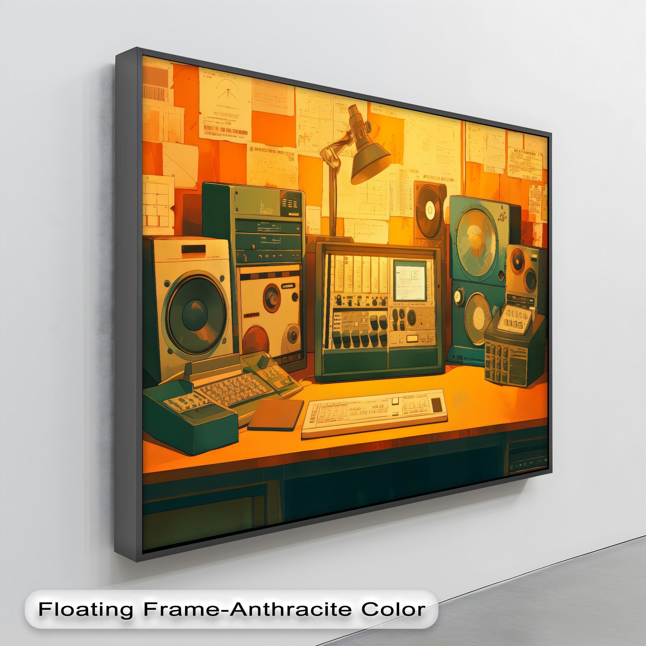 Retro Audio Equipment Canvas Art: Gold Frame, Vintage Music Studio