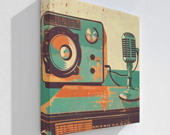 Vintage Microphone Wall Art: Retro Audio Studio Decor in Gold Frame