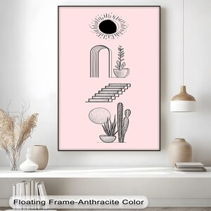 Tela artistica minimalista con motivo a linee del deserto – Decorazione murale boho rosa con sole, cactus e scale per un arredamento moderno, neutro e scandinavo.