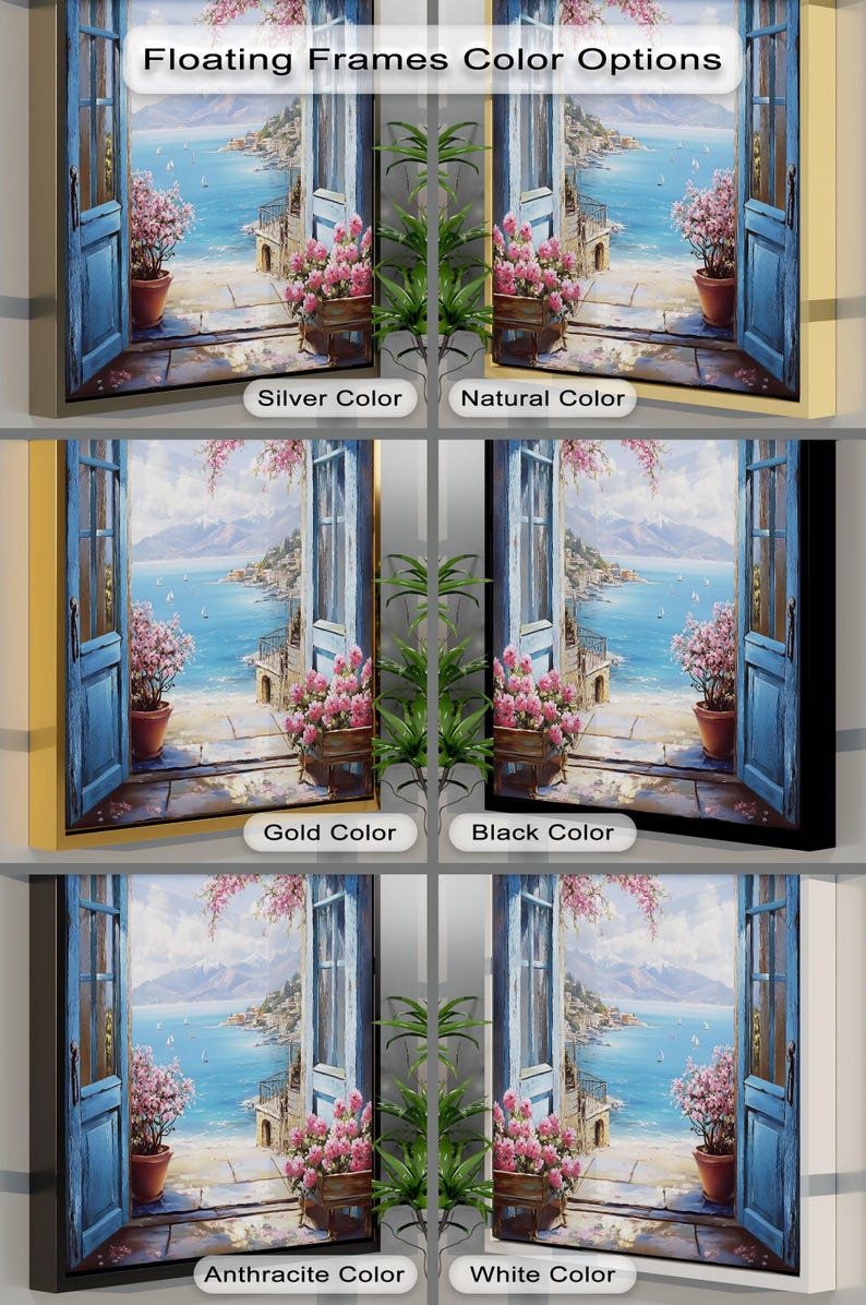 a series of photoshopped images of a window with a view of the ocean