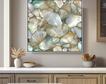 Mother of Pearl Canvas Wall Art, Iridescent Shell Mosaic Print, Elegant Coastal Decor for Living Room Bedroom