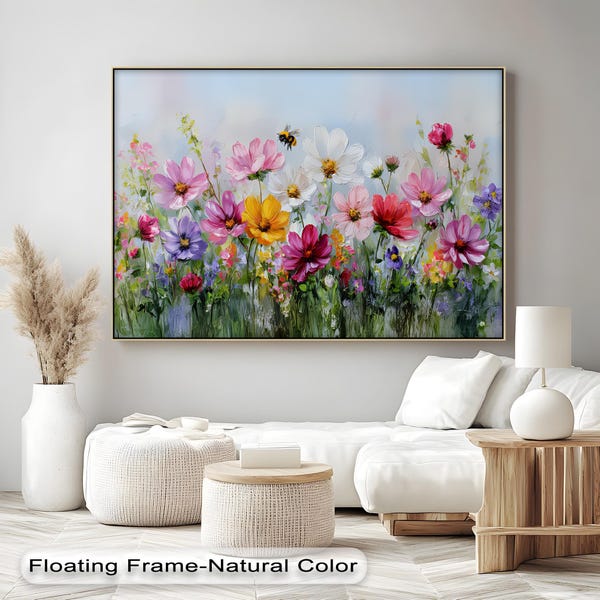 Muurkunst op canvas met wilde bloemen: bloeiende tuin met gouden zwevende lijst
