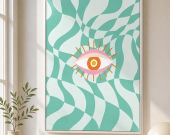 Abstract Eye Framed Canvas Wall Art, Retro Wavy Print, Teal Pink Orange Geometric Decor for Bedroom Living Room
