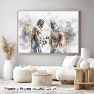 Jesus Heals the Sick Canvas Wall Art–Watercolor Religious Print with Natural Frame for Christian Living Room or Prayer Space,Canvas Wall Art