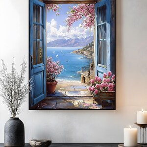 a painting of an open window with a view of the ocean