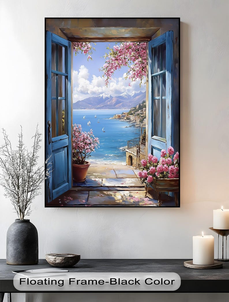 a painting of an open window with a view of the ocean