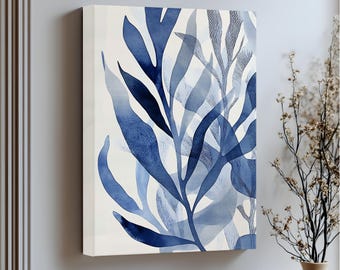 Blue Botanical Leaf Canvas Print: Modern Minimalist Wall Art