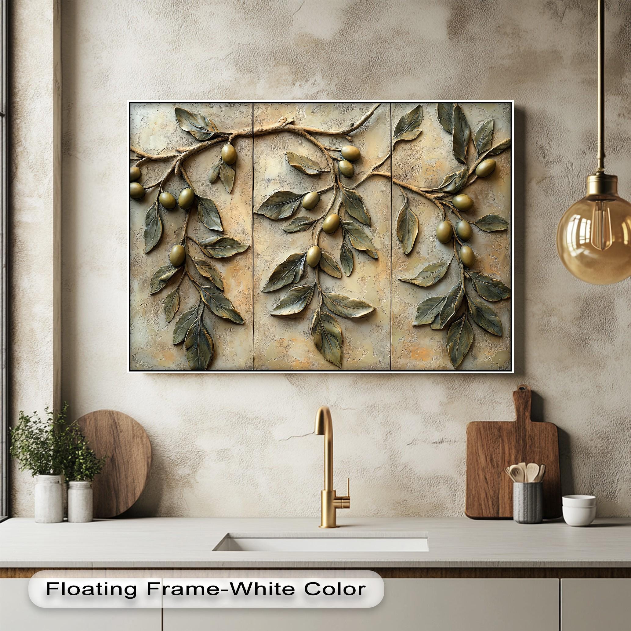Olive Branch Canvas Wall Art, Triptych Mediterranean Botanical Print, Rustic Kitchen Dining Room Decor
