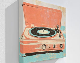 May include: A vintage-style canvas print of a retro record player. The record player is primarily coral with a black and teal record. The canvas has a distressed, textured look with the words "Stretched Canvas" at the bottom.