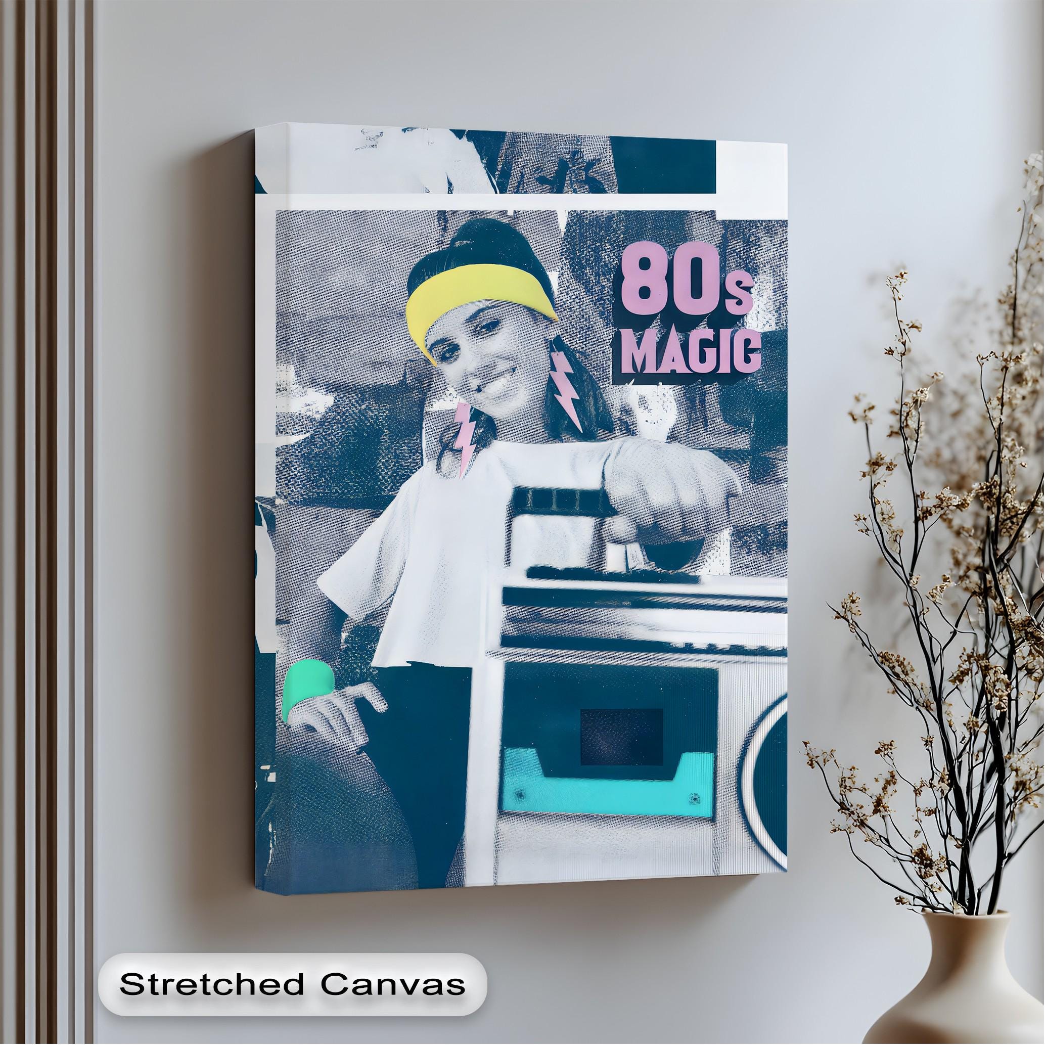 80s Magic Girl with Boombox Wall Art, Vertical Pop Art Canvas Print in Gold Frame for Retro Music Room or Teen Bedroom