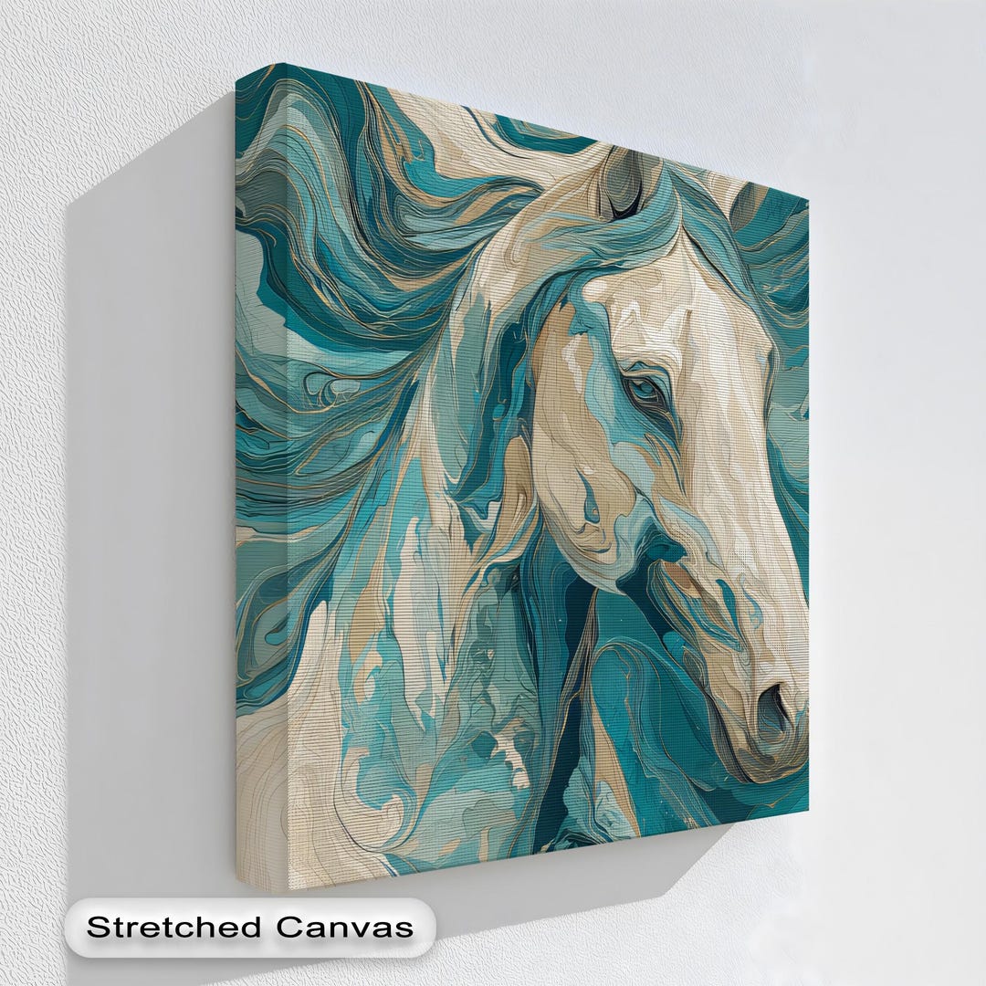 Blue Abstract Horse Canvas Print: Teal & Beige Equestrian Wall Art - Etsy