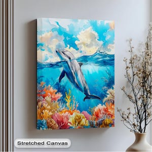 Quadro murale con delfini sottomarini - Scena oceanica vibrante su tela per cameretta dei bambini, casa al mare o arredamento da bagno costiero, quadro murale su tela