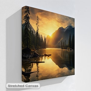Golden Sunset Lake Canvas Art: Tranquil Mountain Reflection, Floating Frame