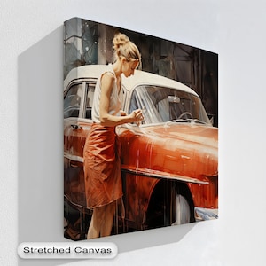 Red Car Woman Wall Art, Vintage Scene with Blonde Lady & Retro Auto, Gold Frame Canvas Print for Mid-Century Home or Studio Decor