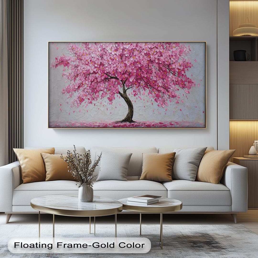 Pink Blossom Tree Painting: Spring Floral Stretched Canvas Wall