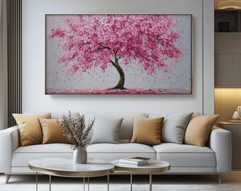 Pink Blossom Tree Painting: Spring Floral Stretched Canvas Wall Art