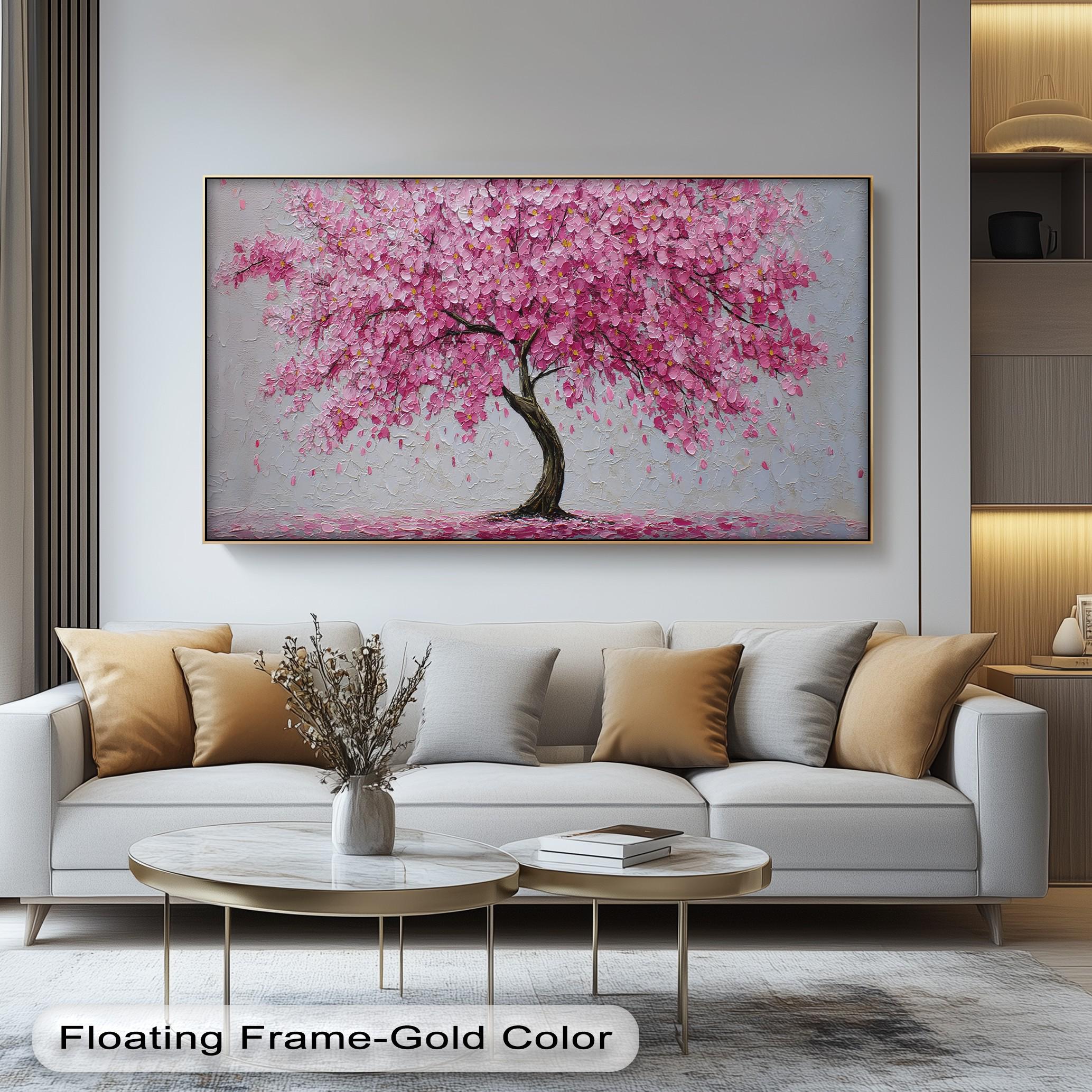 Pink Blossom Tree Painting: Spring Floral Stretched Canvas Wall