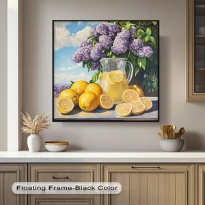 Lemonade Kitchen Wall Art, Horizontal Yellow Fruit Canvas with Lilac Flowers, Fresh Summer Decor for Kitchen Walls,Canvas Wall Art