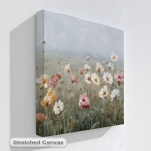 Pastel Wildflower Canvas Wall Art, Misty Field Floral Print for Cozy Home Décor, Horizontal Botanical Artwork in Natural Frame,Canvas Art