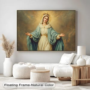 Virgin Mary Canvas Art: Blessed Mother Portrait with Natural Floating Frame