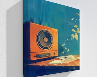 May include: Orange vintage radio illustration on a stretched canvas. The artwork features a retro radio with a large speaker, set against a blue background with floral accents. The canvas is mounted on a white wall.