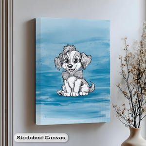 Cartoon Puppy Wall Art – Stretched Canvas Print for Kids Room, Blue Dog Nursery Art, Adorable Dog Illustration for Pet-Loving Families