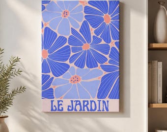 Le Jardin Framed Canvas Wall Art, Blue Floral Print, French Garden Poster, Retro Botanical Decor for Bedroom Living Room