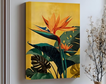 Impresión en lienzo de Ave del Paraíso: Arte botánico tropical en lienzo con ilustraciones enmarcadas