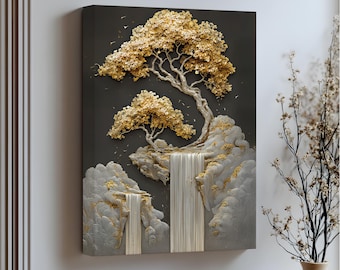 Golden Tree & Waterfall Wall Art, Vertical Nature Canvas with 3D Effect, Floating Gold Frame, Elegant Modern Zen Room Decor