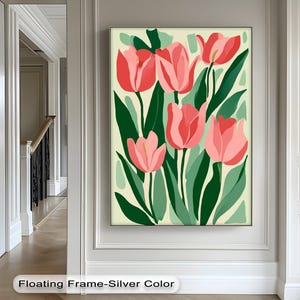 Moderna stampa murale di tulipani rosa - Stampa floreale verticale su tela, decorazione botanica minimalista su tela per camera da letto e corridoio, stampa su tela