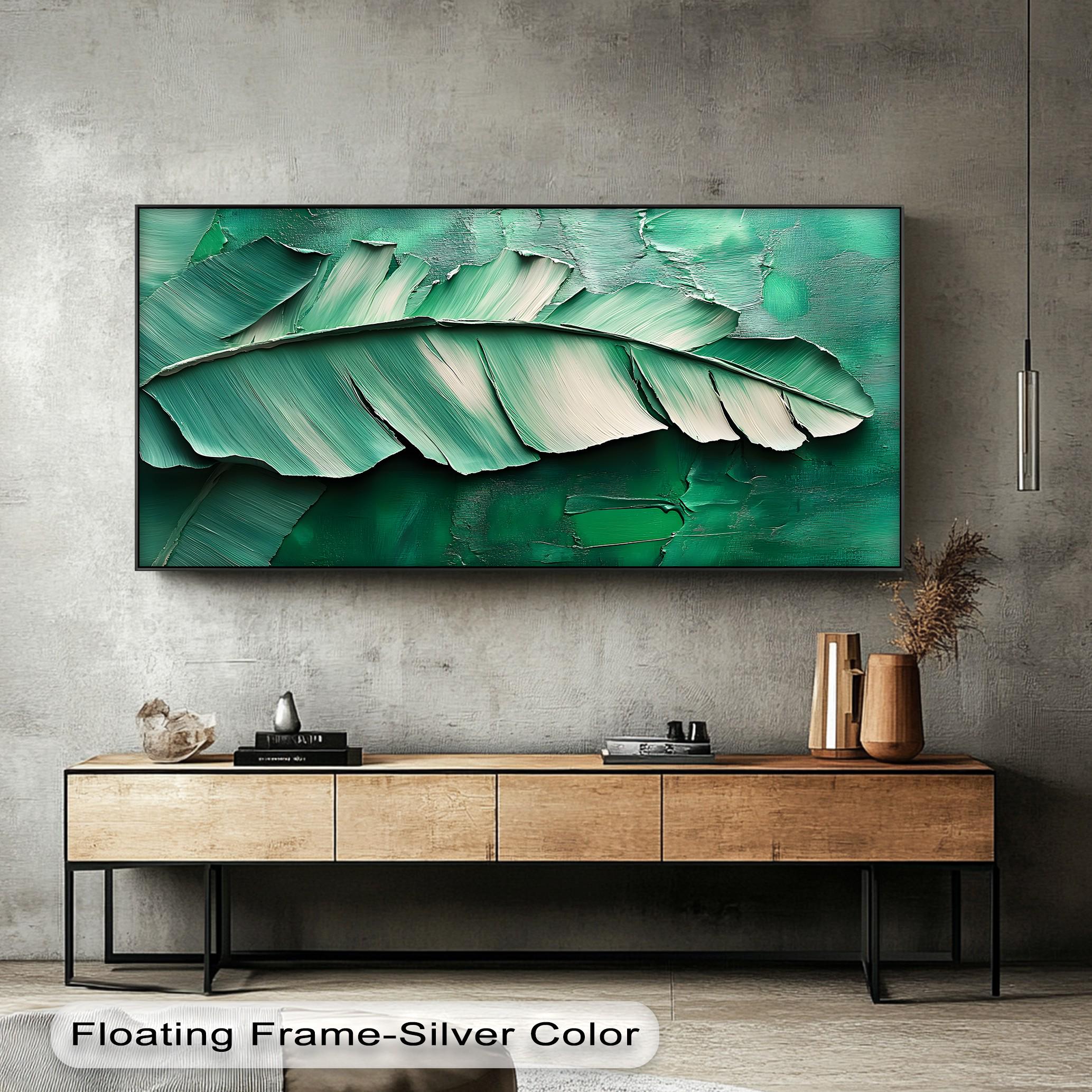 Emerald Green Banana Leaf Canvas Print: Abstract Tropical Wall Art with Black Floating Frame
