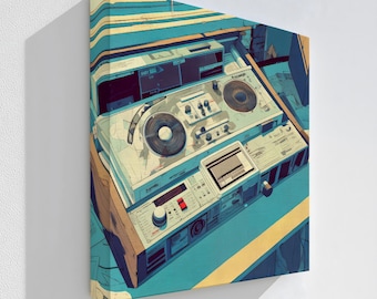 May include: A canvas print featuring a stylized illustration of a DJ setup. The artwork showcases a turntable, mixer, and other audio equipment in shades of blue, beige, and brown. The words "Stretched Canvas" are at the bottom.