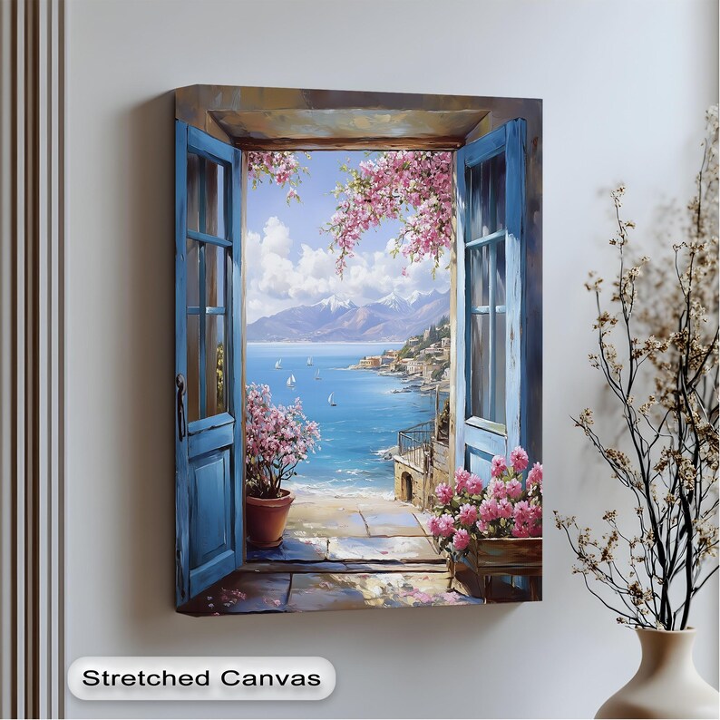 a painting of an open window with a view of the ocean