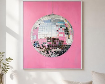 Pink Disco Ball Canvas Wall Art, Silver Mirror Ball Print, Framed or Stretched Large Vertical Retro Glam Decor