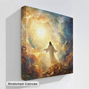 Hemelse Jezus canvas muurkunst, stralend licht en glorie in de lucht, spiritueel christelijk decor met natuurlijk zwevend frame, canvas muurkunst