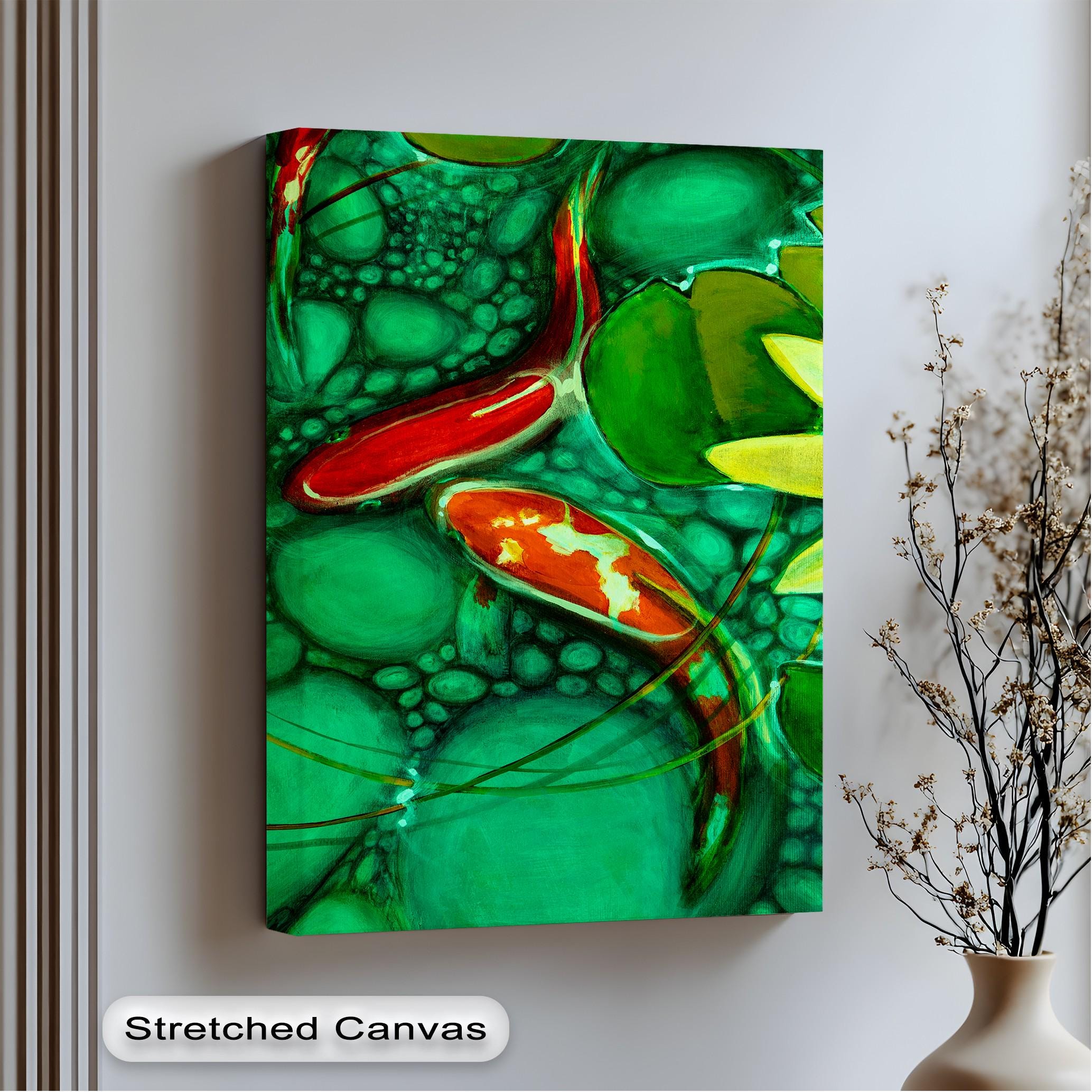 鯉のキャンバス壁アート：赤と緑の池の風景と黒のフレーム - Etsy 日本