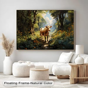 Stampa su tela con mucca rustica - Paesaggio di campagna e foresta, decorazione da parete con animali da fattoria per soggiorno, cucina o ingresso, stampa su tela
