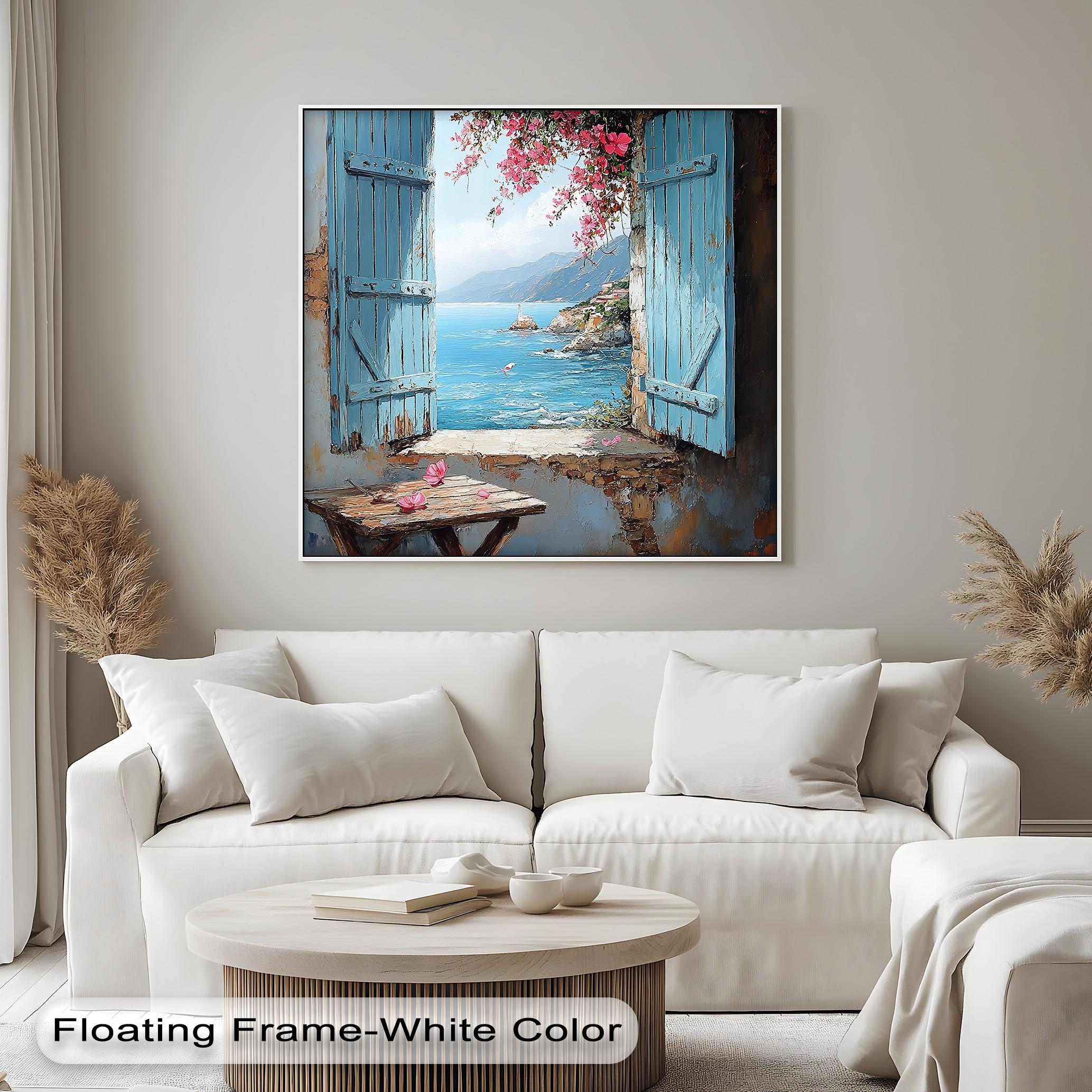 Mediterranean Seaside Canvas Art: Blue Shutters, Coastal Home
