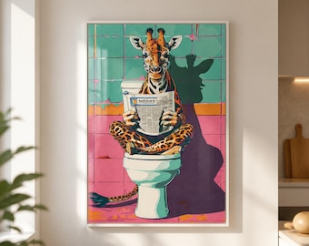 Funny Giraffe Bathroom Wall Art, Framed Canvas Print, Quirky Animal Toilet Decor, Colorful Humor Art for Guest Bathroom