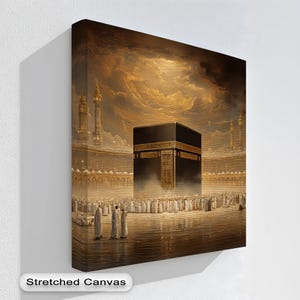 Arte de parede islâmica Caaba Meca, impressão em tela de mesquita sagrada dourada com moldura dourada, decoração religiosa horizontal para casa