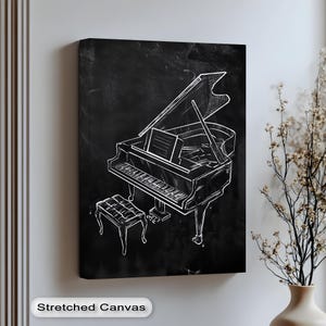 Piano Wall Art, Vertical Chalk Sketch Grand Piano Canvas for Music Room, Black and White Art Print with Silver Floating Frame,canvas art