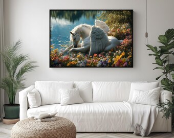Pegasus Canvas Print: Mystical White Winged Horse with Flowers