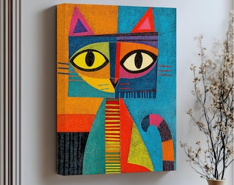 May include: A colorful abstract cat portrait on stretched canvas. The artwork features a geometric design with orange, blue, yellow, and red hues. The cat's face is divided into sections with large, oval eyes and a striped tail. The text "Stretched Canvas" is at the bottom.