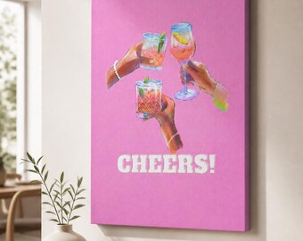 Cheers Framed Canvas Wall Art, Pink Cocktail Print, Girls Night Bar Cart Decor for Kitchen Dining Room Home Bar