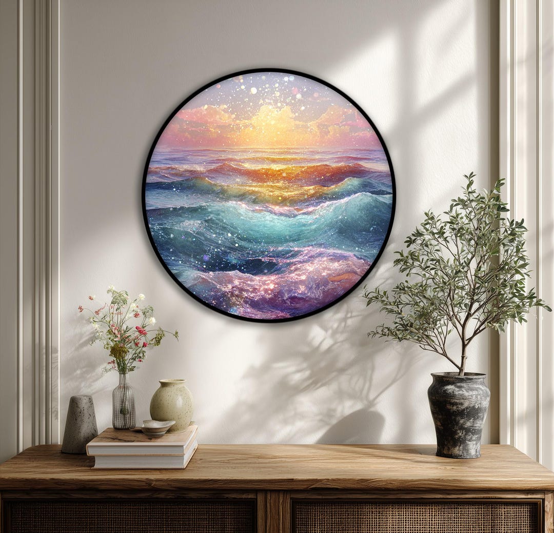 Sunset Rond Vibrant Ocean Sunset Round Canvas Art, Sparkling Waves Coastal Beach ...