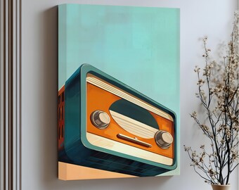 Può includere: Stampa su tela in stile retrò raffigurante una radio vintage nei toni dell'arancione, del verde acqua e del crema, su uno sfondo azzurro. Le parole "Stretched Canvas" sono stampate in basso. L'opera è montata su una parete.