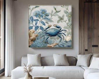 Blue Crab Botanical Canvas Art: Coastal Seaside Home Decor, Gold Frame